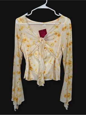 NWT Verdusa Y2K Bell Sleeve Floral Print Tie Front Mesh Top Large Going Out Cute